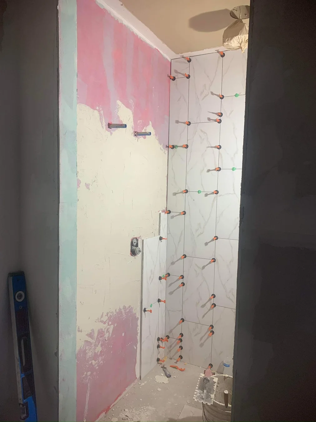 Field Bath Tile Install Progress Wall