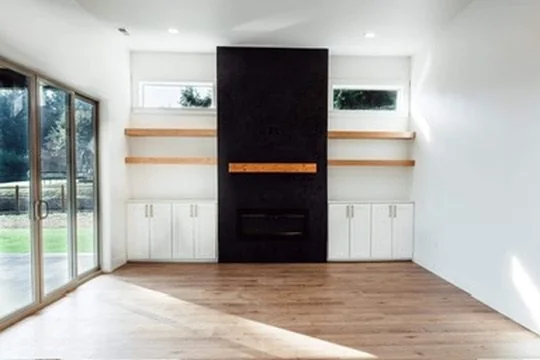 Kitchen Bath White Living Fireplace Builtins